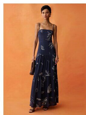 Few Moda Anaya Zali Navy Blue Printed Tiered Maxi Dress Sz 10 NWT